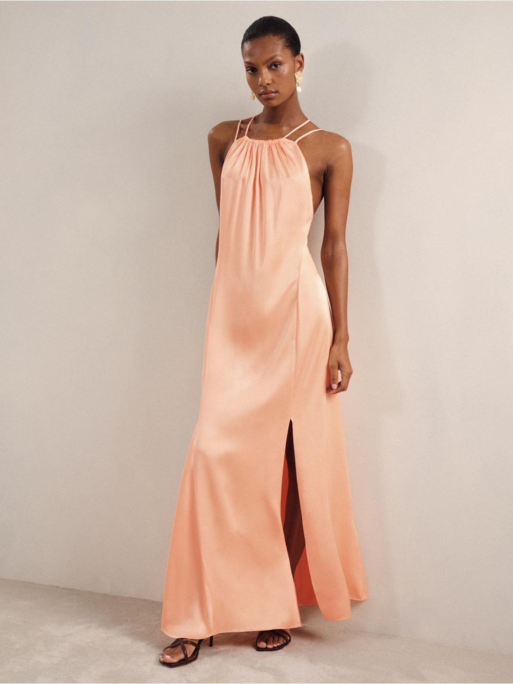 Reiss Coral-Peach Satin Halter Maxi Dress